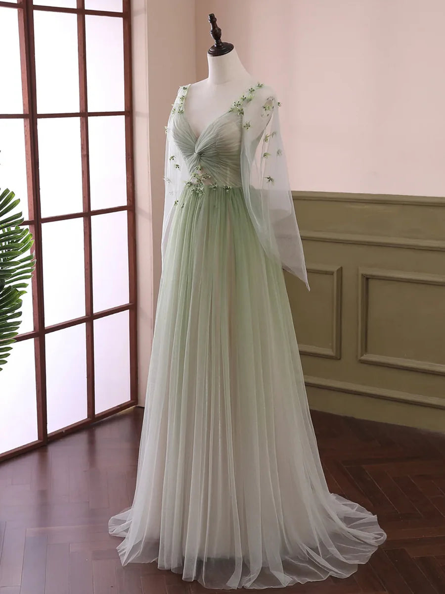 Robe de bal à manches longues en tulle vert clair, robe de soirée longue au sol dégradée verte nv1615