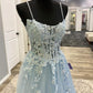 Blaues langes Ballkleid aus Tüll mit Spaghettiträgern und Spitze, A-Linien-Abendkleid nv1430