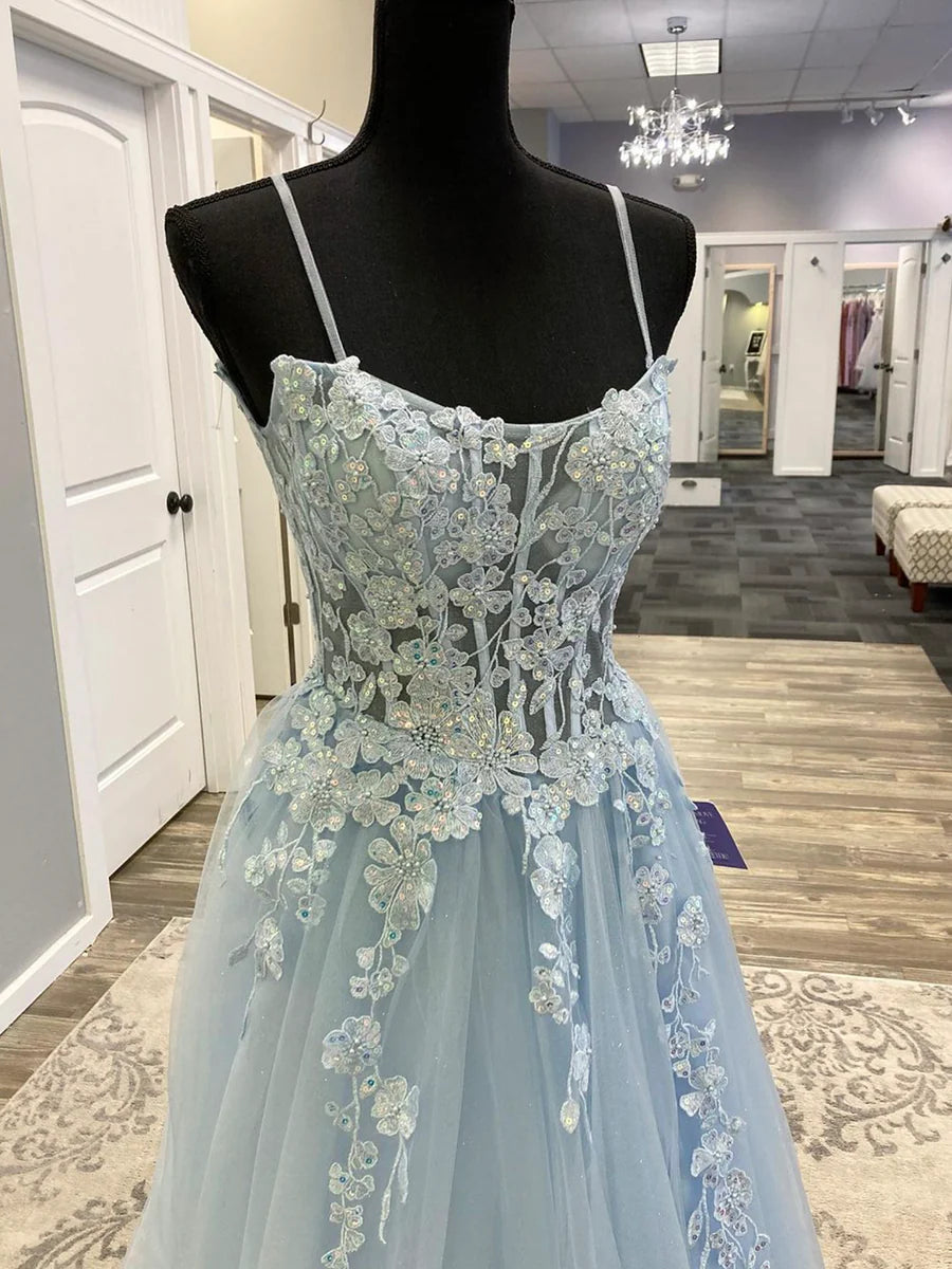 Blaues langes Ballkleid aus Tüll mit Spaghettiträgern und Spitze, A-Linien-Abendkleid nv1430