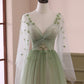 Robe de bal à manches longues en tulle vert clair, robe de soirée longue au sol dégradée verte nv1615