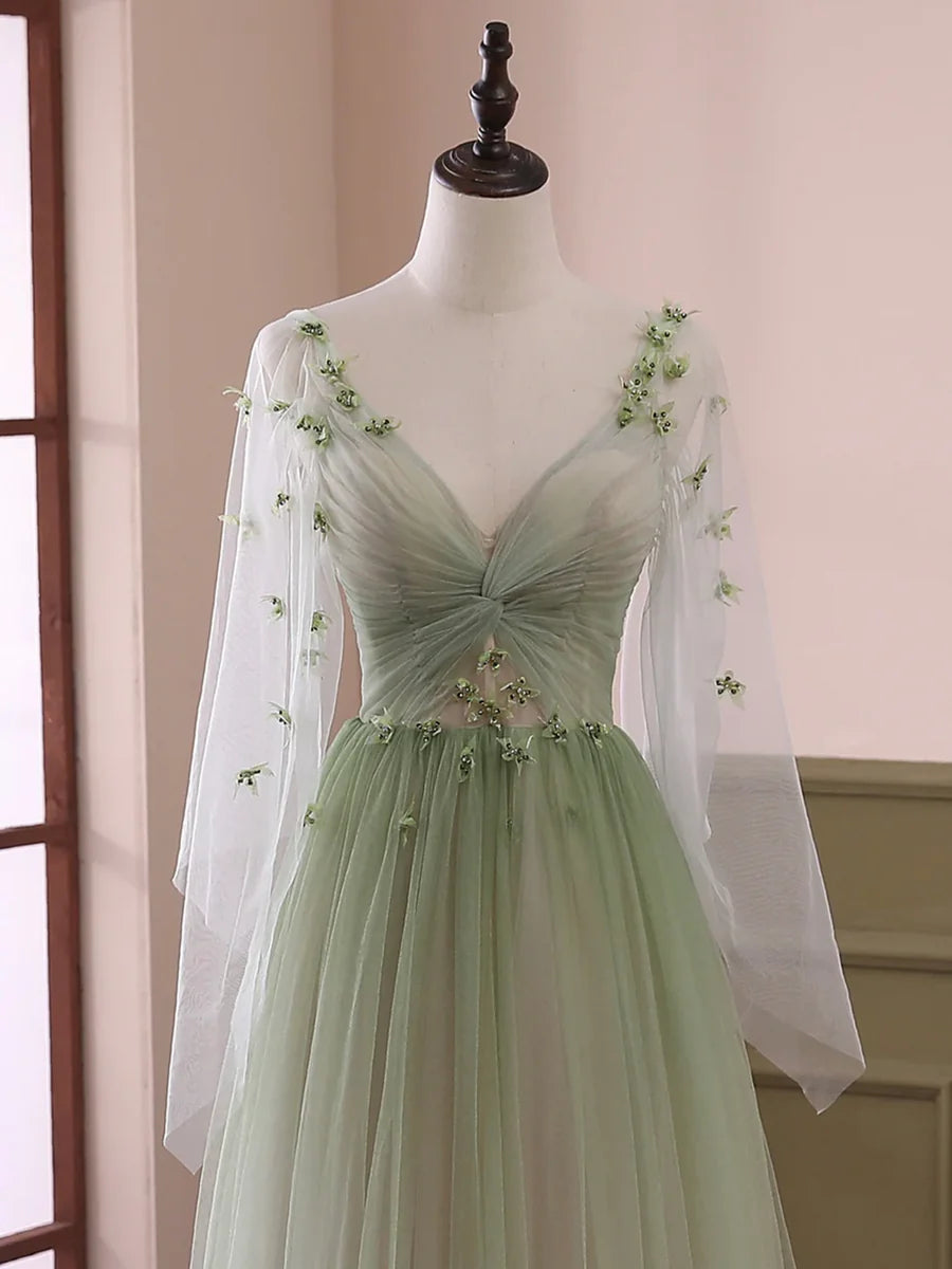 Robe de bal à manches longues en tulle vert clair, robe de soirée longue au sol dégradée verte nv1615
