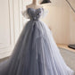Graues langes A-Linien-Ballkleid aus Tüll, schulterfreies Abendkleid, Partykleid nv1432