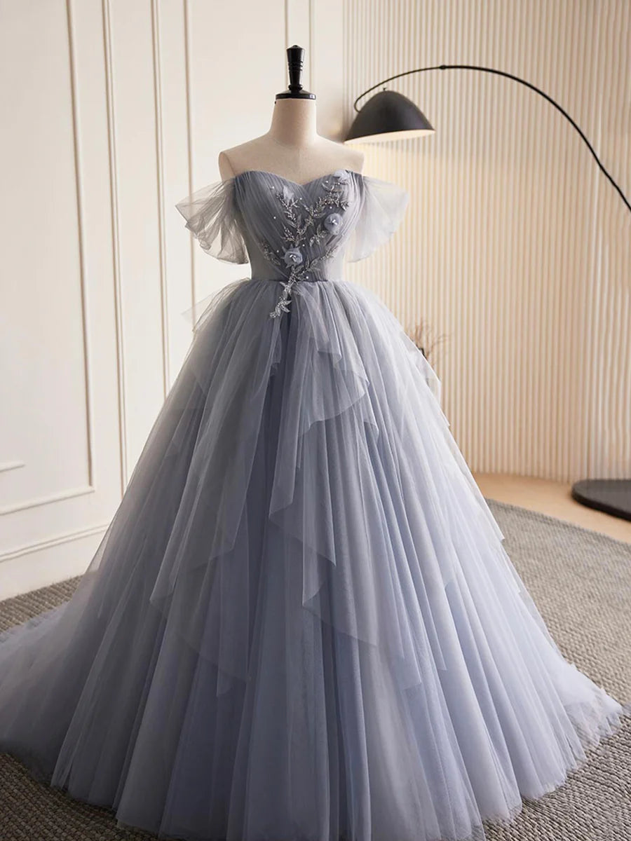 Graues langes A-Linien-Ballkleid aus Tüll, schulterfreies Abendkleid, Partykleid nv1432