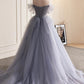 Graues langes A-Linien-Ballkleid aus Tüll, schulterfreies Abendkleid, Partykleid nv1432