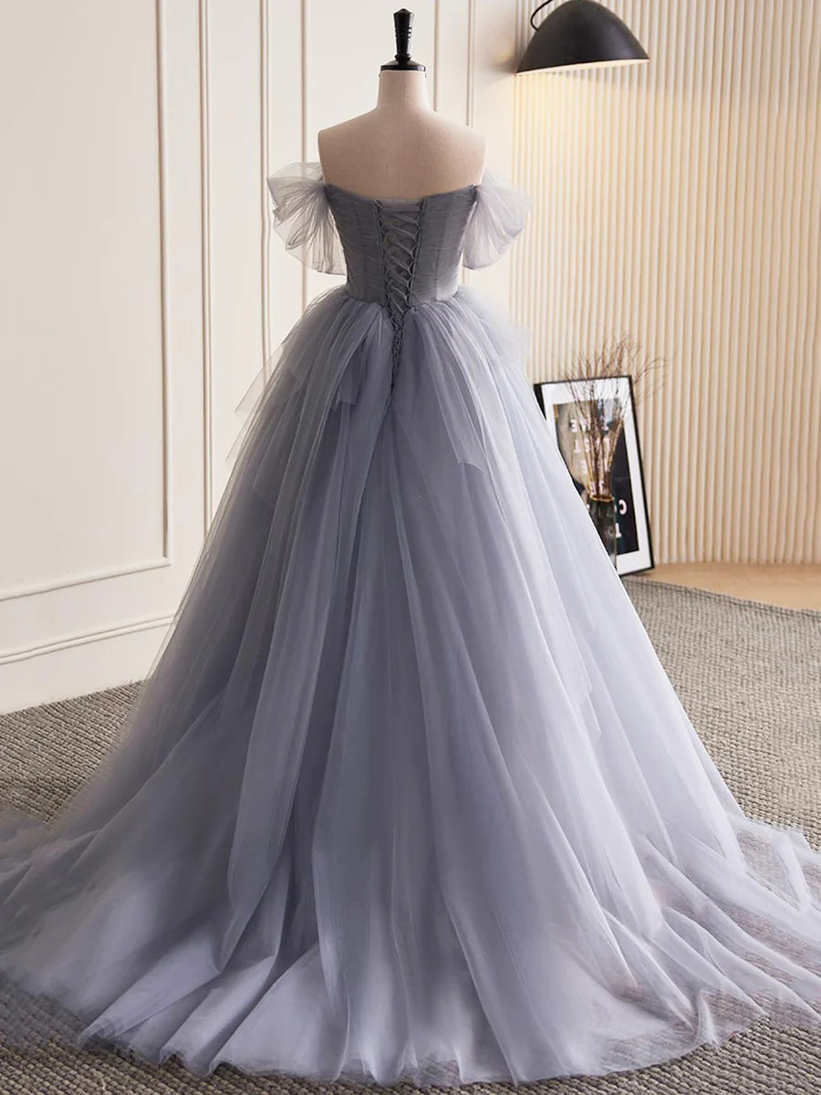 Graues langes A-Linien-Ballkleid aus Tüll, schulterfreies Abendkleid, Partykleid nv1432