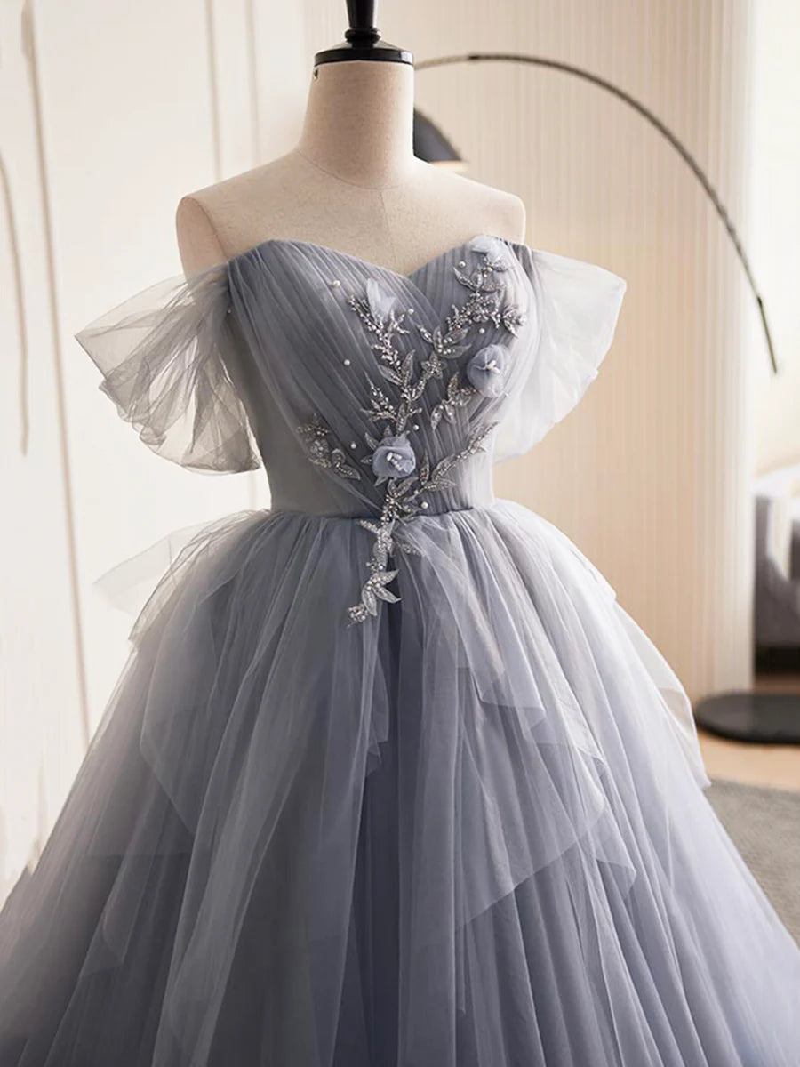 Graues langes A-Linien-Ballkleid aus Tüll, schulterfreies Abendkleid, Partykleid nv1432