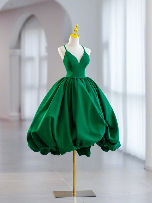 Grünes kurzes Ballkleid aus Satin mit V-Ausschnitt, grünes Abendkleid in A-Linie nv1585