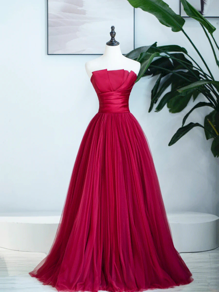 Burgunderrotes trägerloses Tüll-Ballkleid, Burgunderrotes langes Abendkleid nv1584