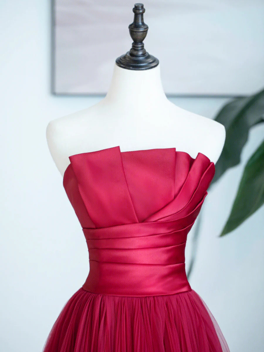 Burgunderrotes trägerloses Tüll-Ballkleid, Burgunderrotes langes Abendkleid nv1584
