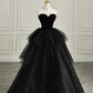 Robe de soirée noire en tulle sans bretelles avec velours, robe de bal longue à décolleté en cœur et coupe trapèze nv1539