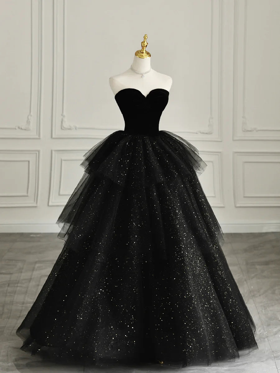 Robe de soirée noire en tulle sans bretelles avec velours, robe de bal longue à décolleté en cœur et coupe trapèze nv1539