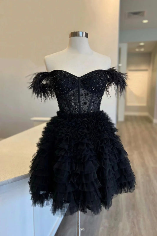 Schwarzes knielanges Ballkleid aus Tüll, schwarzes schulterfreies Abendkleid nv1641