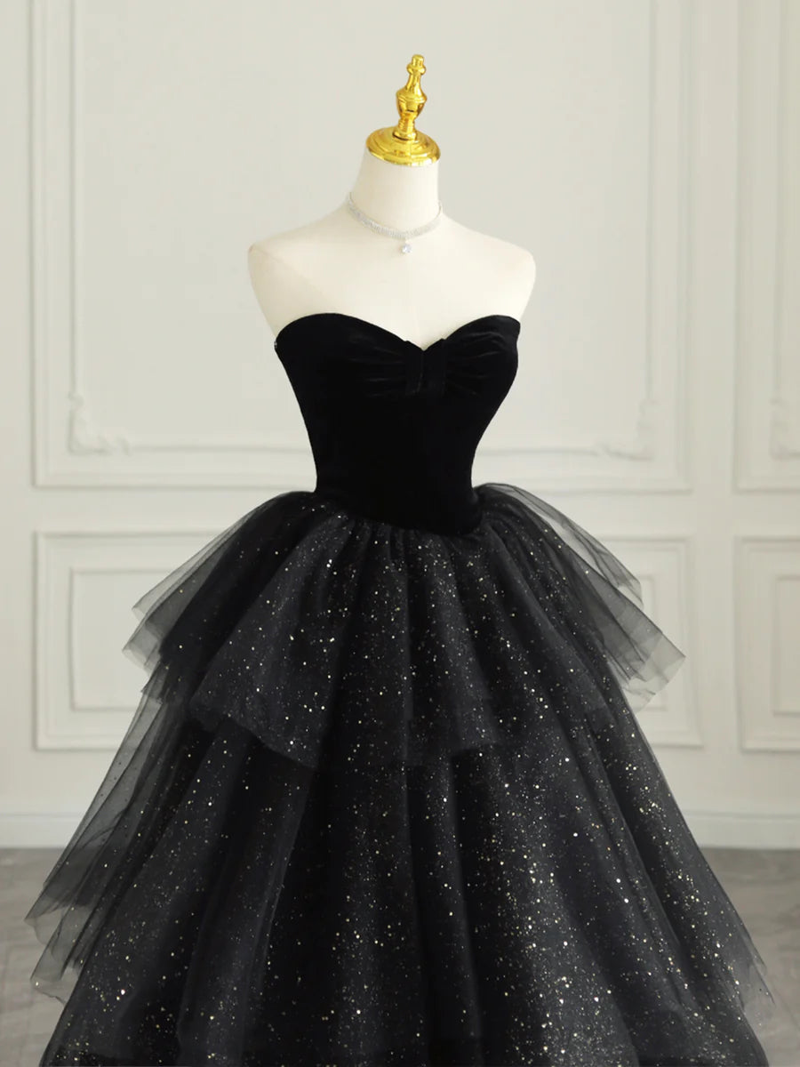 Robe de soirée noire en tulle sans bretelles avec velours, robe de bal longue à décolleté en cœur et coupe trapèze nv1539