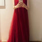 Robe de bal longue rouge en mousseline et fourrure NV6575
