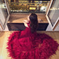 Robe de bal longue rouge en mousseline et fourrure NV6575