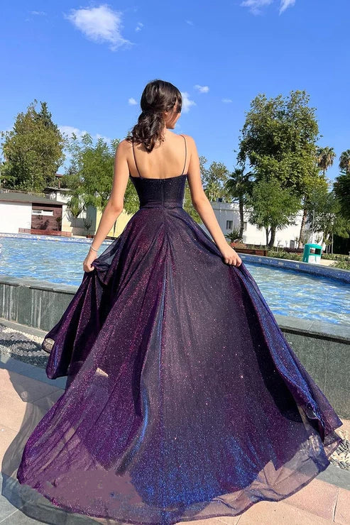 A-Linie Herzausschnitt Spaghettiträger Glitzer Tüll langes Ballkleid formelles Abendkleid nv1759