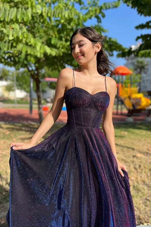 A-Linie Herzausschnitt Spaghettiträger Glitzer Tüll langes Ballkleid formelles Abendkleid nv1759
