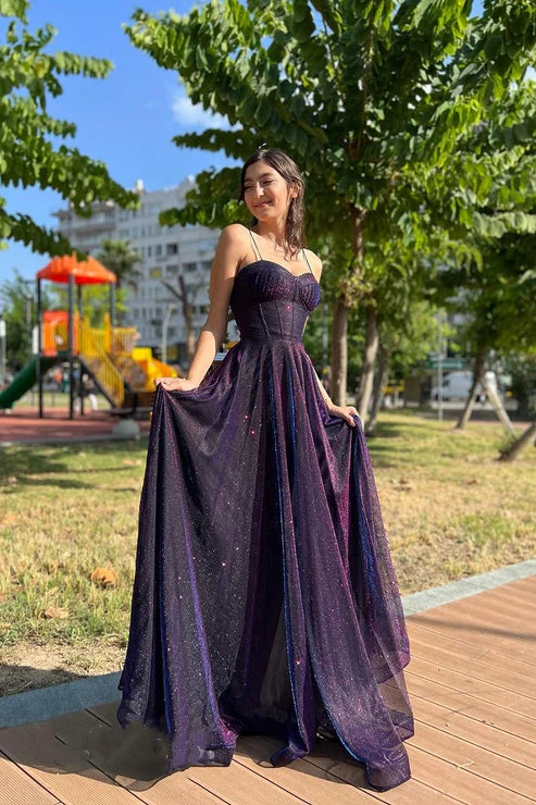 A-Linie Herzausschnitt Spaghettiträger Glitzer Tüll langes Ballkleid formelles Abendkleid nv1759