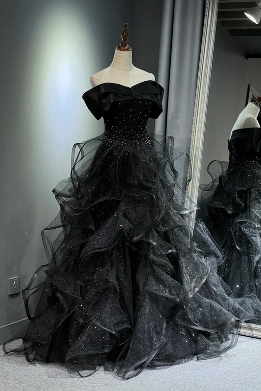 Schwarzes, schimmerndes langes Tüllballkleid NV6629
