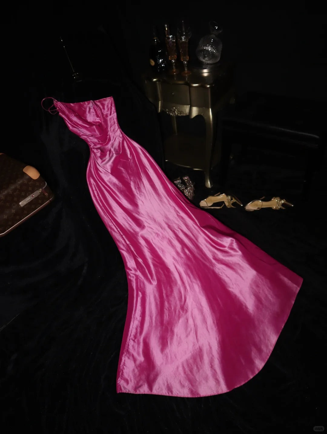 Rosa One-Shoulder-Mode Elegante Lange Satin Ballkleid Abendkleid Partykleid nv4686