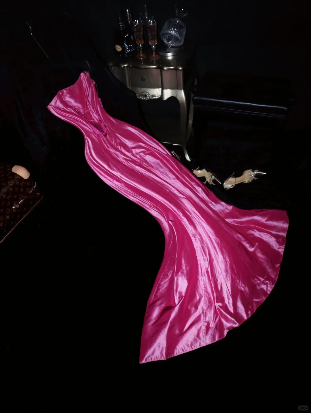 Rosa One-Shoulder-Mode Elegante Lange Satin Ballkleid Abendkleid Partykleid nv4686