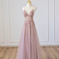 Rosa, langes Ballkleid aus Tüll mit V-Ausschnitt und Perlen, rosa Abendkleid mit Spaghettiträgern, nv1435