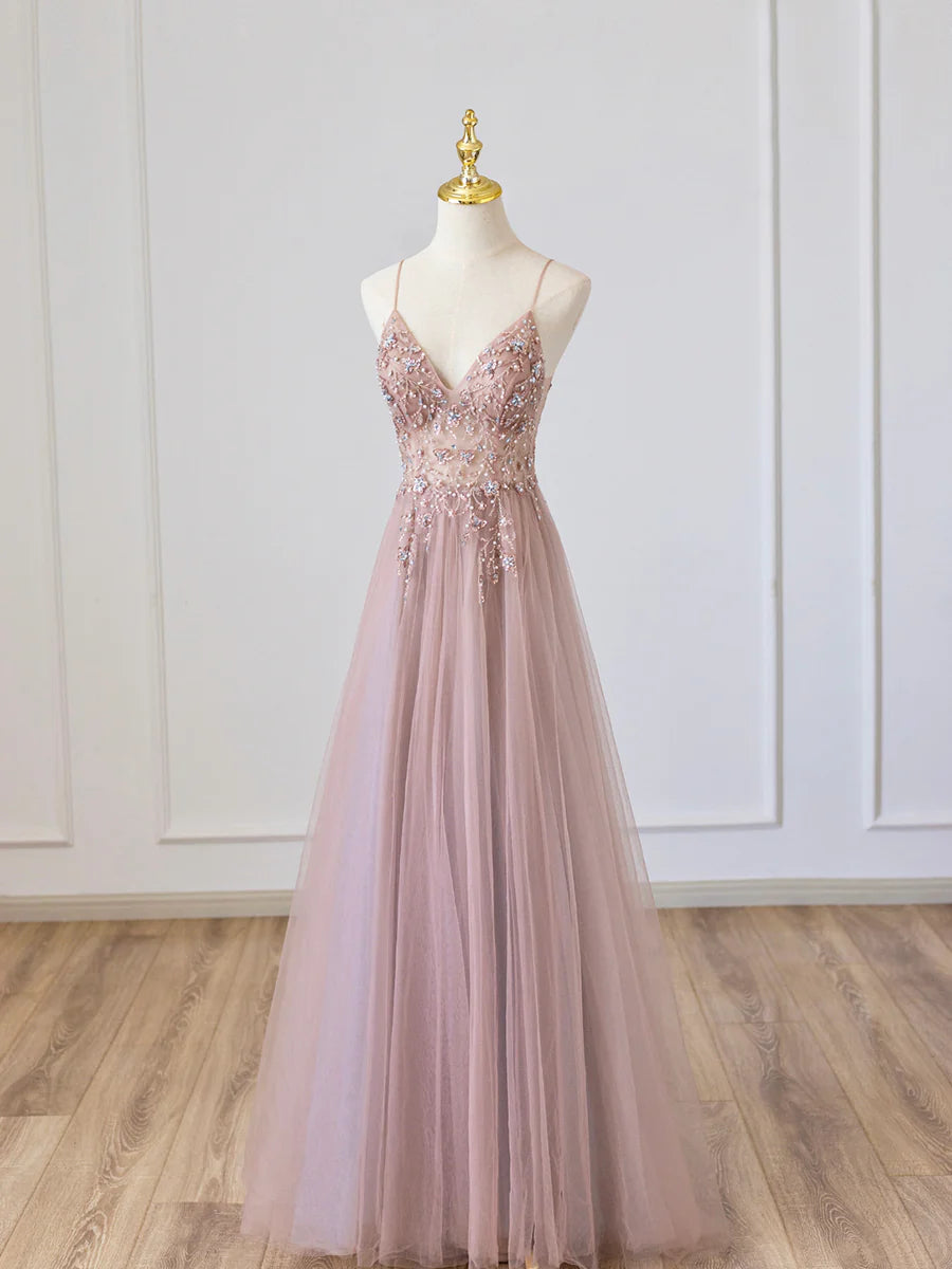 Rosa, langes Ballkleid aus Tüll mit V-Ausschnitt und Perlen, rosa Abendkleid mit Spaghettiträgern, nv1435