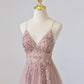 Rosa, langes Ballkleid aus Tüll mit V-Ausschnitt und Perlen, rosa Abendkleid mit Spaghettiträgern, nv1435