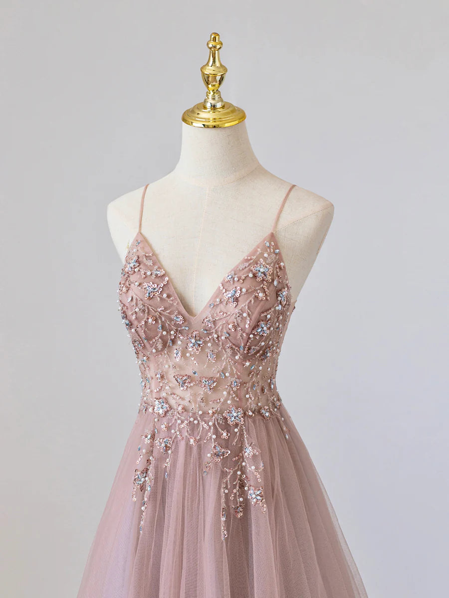Rosa, langes Ballkleid aus Tüll mit V-Ausschnitt und Perlen, rosa Abendkleid mit Spaghettiträgern, nv1435