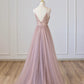 Rosa, langes Ballkleid aus Tüll mit V-Ausschnitt und Perlen, rosa Abendkleid mit Spaghettiträgern, nv1435
