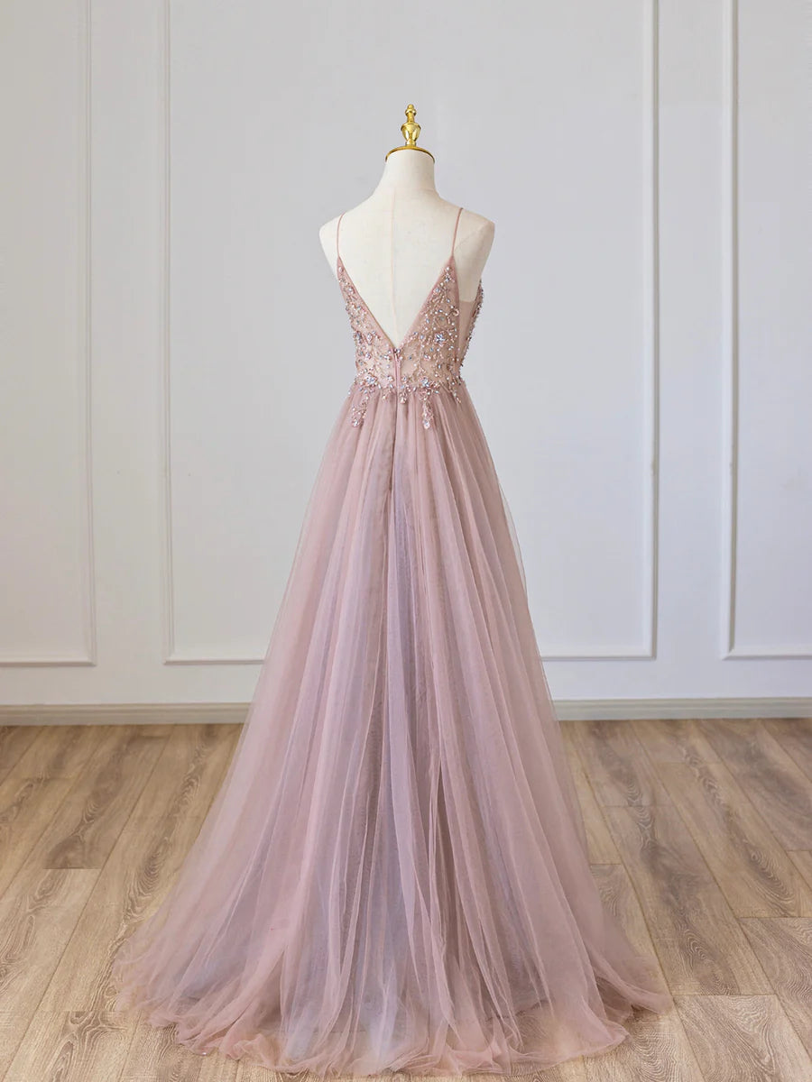 Rosa, langes Ballkleid aus Tüll mit V-Ausschnitt und Perlen, rosa Abendkleid mit Spaghettiträgern, nv1435