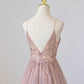 Rosa, langes Ballkleid aus Tüll mit V-Ausschnitt und Perlen, rosa Abendkleid mit Spaghettiträgern, nv1435