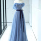 Strapless Tulle Blue Floor Length Prom Dress, A-Line Blue Evening Party Dress nv1427