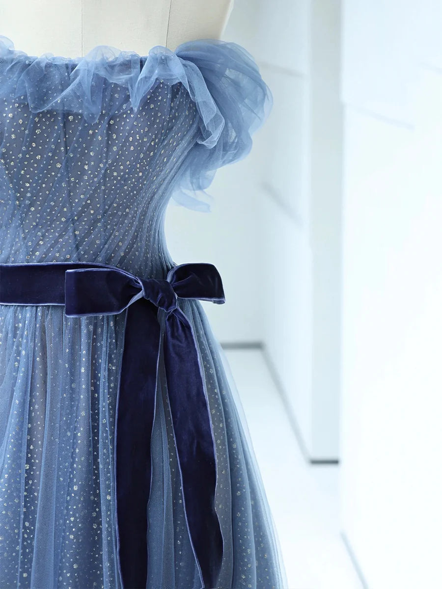 Strapless Tulle Blue Floor Length Prom Dress, A-Line Blue Evening Party Dress nv1427