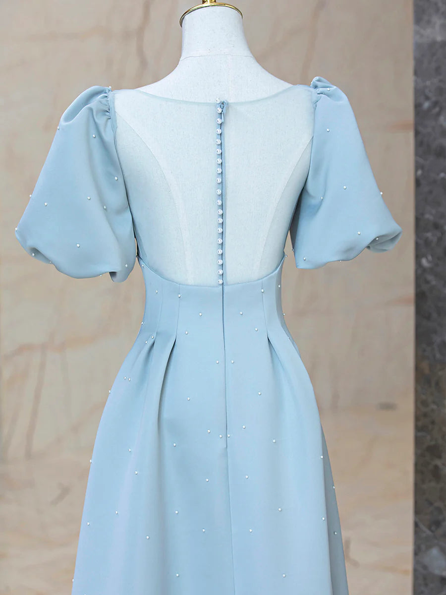 Blue Satin Pearl Long Prom Dress, A-Line Blue Evening Party Dress nv1581