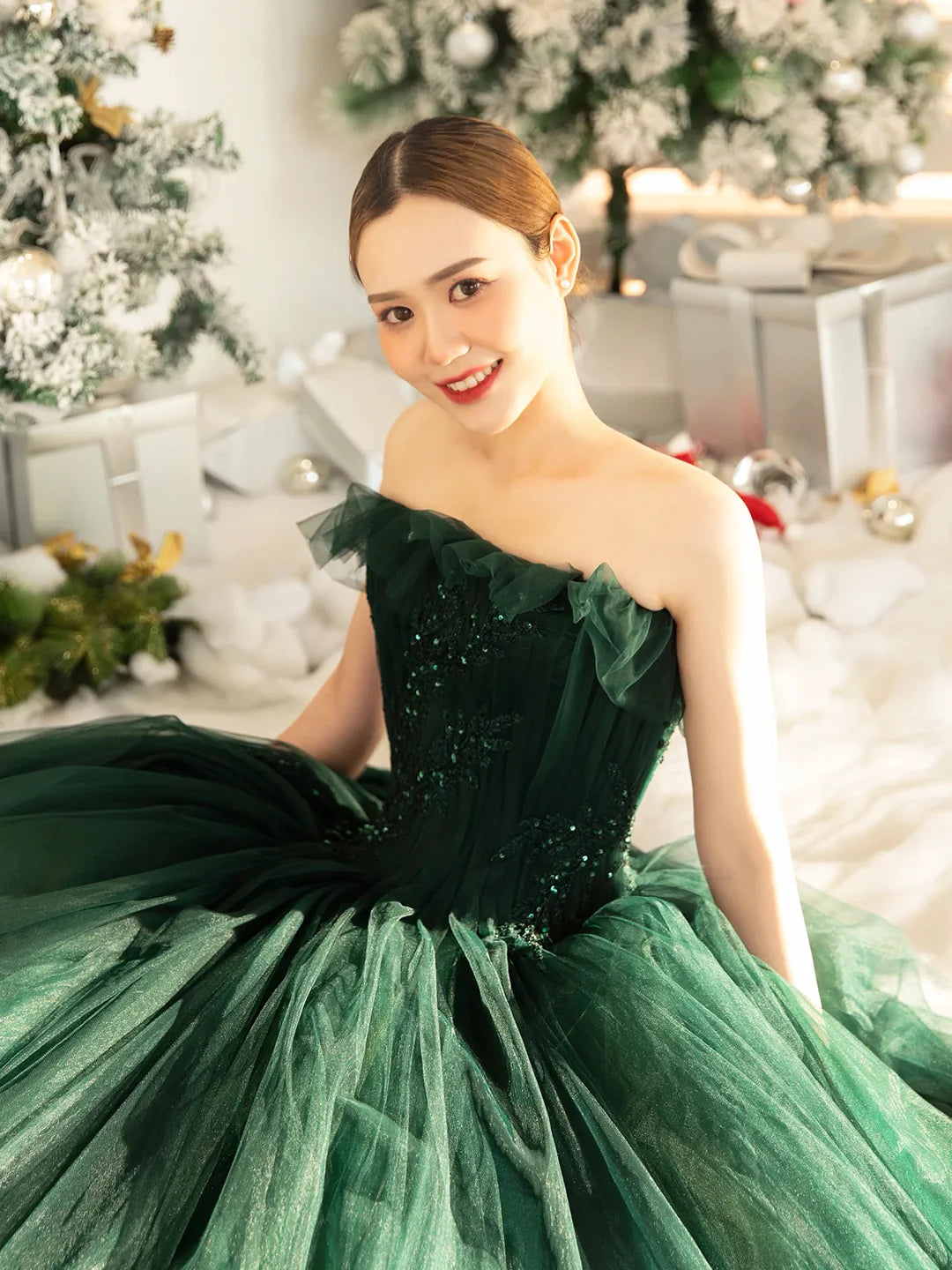 Grünes schulterfreies Tüll-Partykleid in Teelänge, A-Linie, Abendkleid, Ballkleid, nv2163