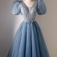 A-Linie V-Ausschnitt Pailletten Kurzes Ballkleid, Blaues Kurzarm-Abendkleid nv1640