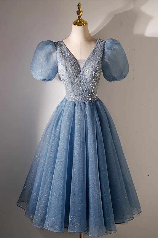 A-Linie V-Ausschnitt Pailletten Kurzes Ballkleid, Blaues Kurzarm-Abendkleid nv1640