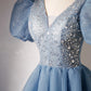 A-Linie V-Ausschnitt Pailletten Kurzes Ballkleid, Blaues Kurzarm-Abendkleid nv1640