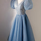 A-Linie V-Ausschnitt Pailletten Kurzes Ballkleid, Blaues Kurzarm-Abendkleid nv1640