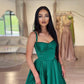 Robe de bal longue en satin vert foncé à bretelles spaghetti et fente nv1437