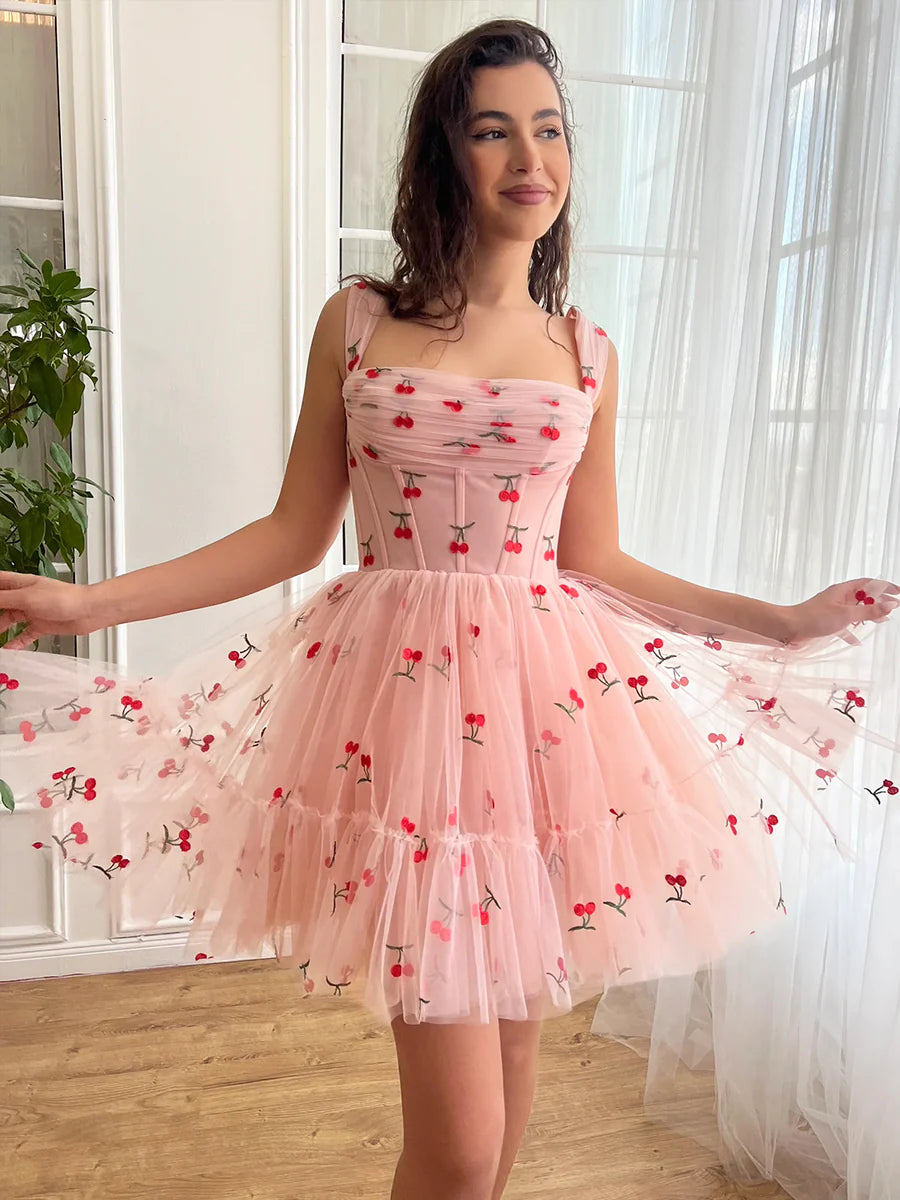 Süßes Mini-Ballkleid aus Kirschtüll, rosa A-Linien-Partykleid mit Schnürung nv1633