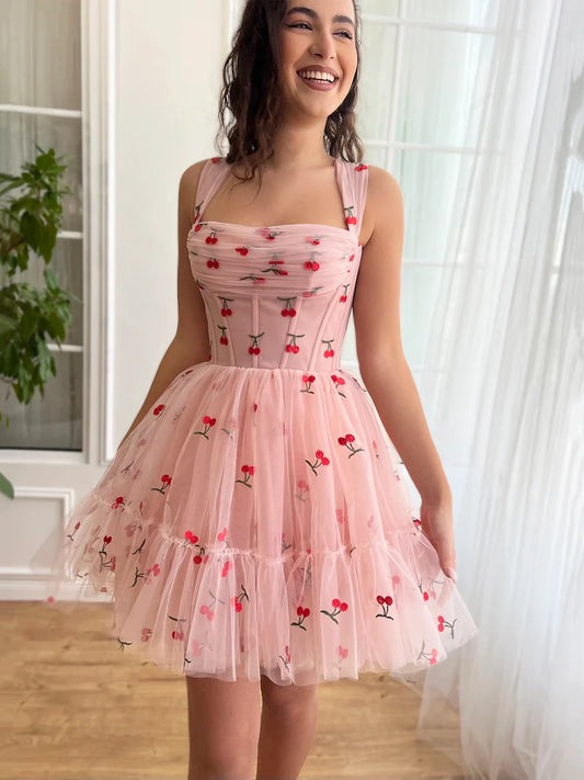 Süßes Mini-Ballkleid aus Kirschtüll, rosa A-Linien-Partykleid mit Schnürung nv1633