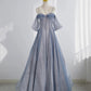 Blue Tulle Long Prom Dress, A-Line Off the Shoulder Blue Evening Party Dress nv1422