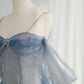 Blue Tulle Long Prom Dress, A-Line Off the Shoulder Blue Evening Party Dress nv1422