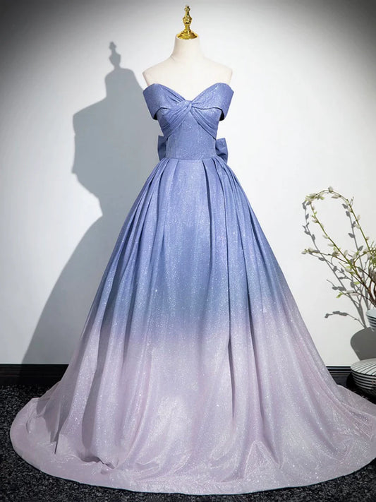 Wunderschöne Ballkleider mit Farbverlauf und Glitzer-Pailletten, A-Linie, Prinzessin, schulterfrei, ärmellos, blau, Abendkleider nv1692