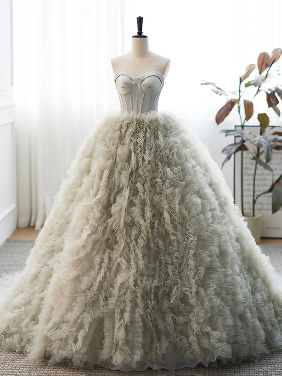 Graues trägerloses langes Ballkleid aus Tüll, wunderschönes A-Linien-Abendkleid mit herzförmigem Ausschnitt, nv1549