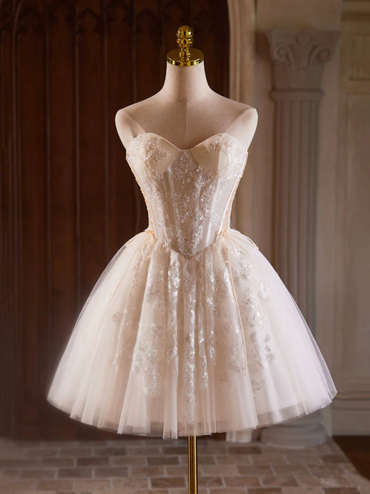 Champagnerfarbenes trägerloses Tüll-Pailletten-Kurzballkleid, hübsches Sweetheart-Homecoming-Partykleid nv1419