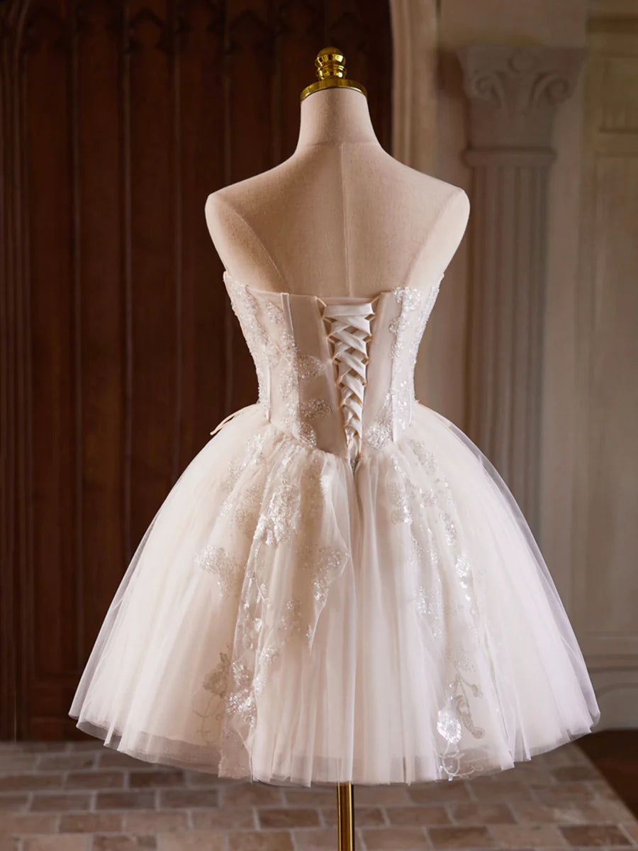 Champagnerfarbenes trägerloses Tüll-Pailletten-Kurzballkleid, hübsches Sweetheart-Homecoming-Partykleid nv1419