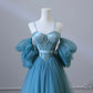 Fairy Blue Spaghetti Straps Corset Tulle Prom Dress, Detachable off Shoulder Party Dress nv1536